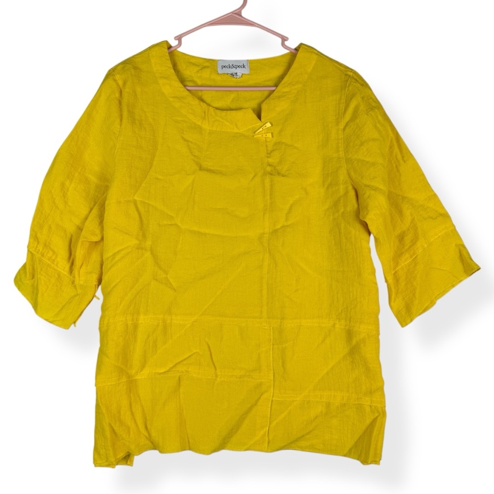 Peck and Peck Linen Blend Top Womens Bust Size 23 Solid Yellow 3/4 Sleeves